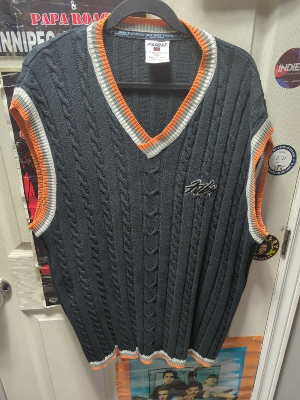 Vintage FUBU Sweater Vest Mens XXL Black Cable Knit Sports Hip Hop Street 90s